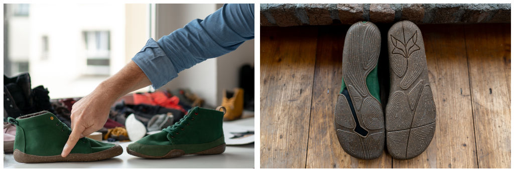 Two photos side by side: side view of one Wildling shoe with classic sole shape and one with new sole shape. Next to it: Bottom view of the two sole shapes.