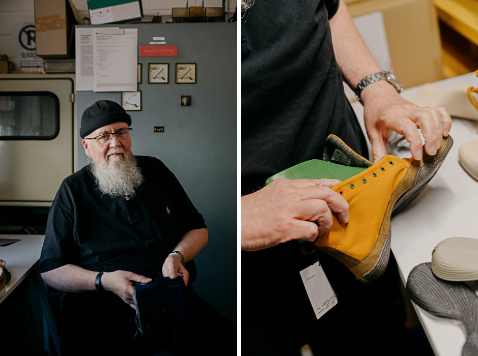 Two pictures side by side. The left picture shows a person who is part of the Repair Center team. The right picture shows a close-up of the person repairing a yellow wildling.