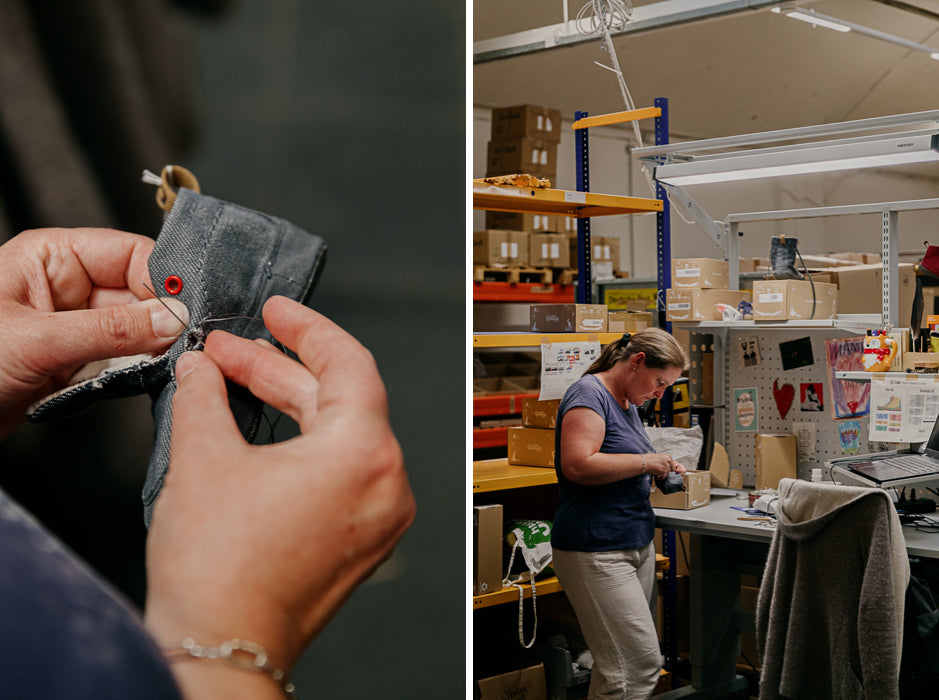 Two pictures placed side by side. The first shows the hands of a person repairing a gray Wildling shoe with needle and thread. The second picture shows the same person from further away, against the background of a workshop of the Repair Center.