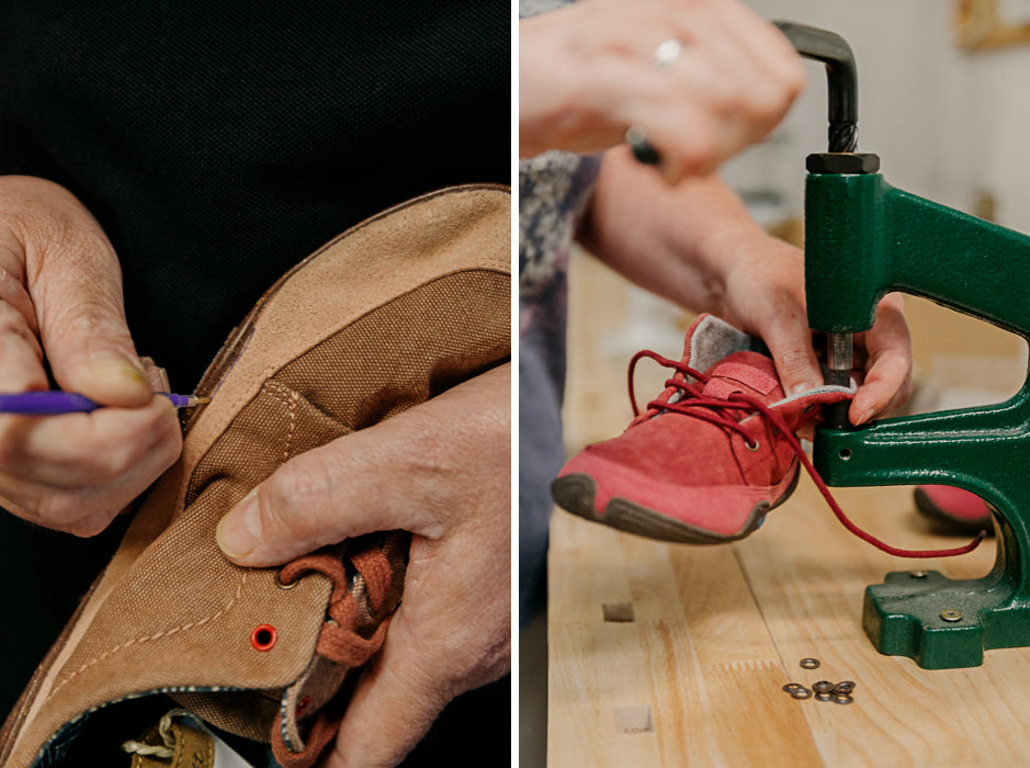 Two pictures side by side. The one on the left shows in a close-up how a person with tools is working on the side seam of a brown wildling. The right picture shows in a close-up how a red wildling is repaired on a table.