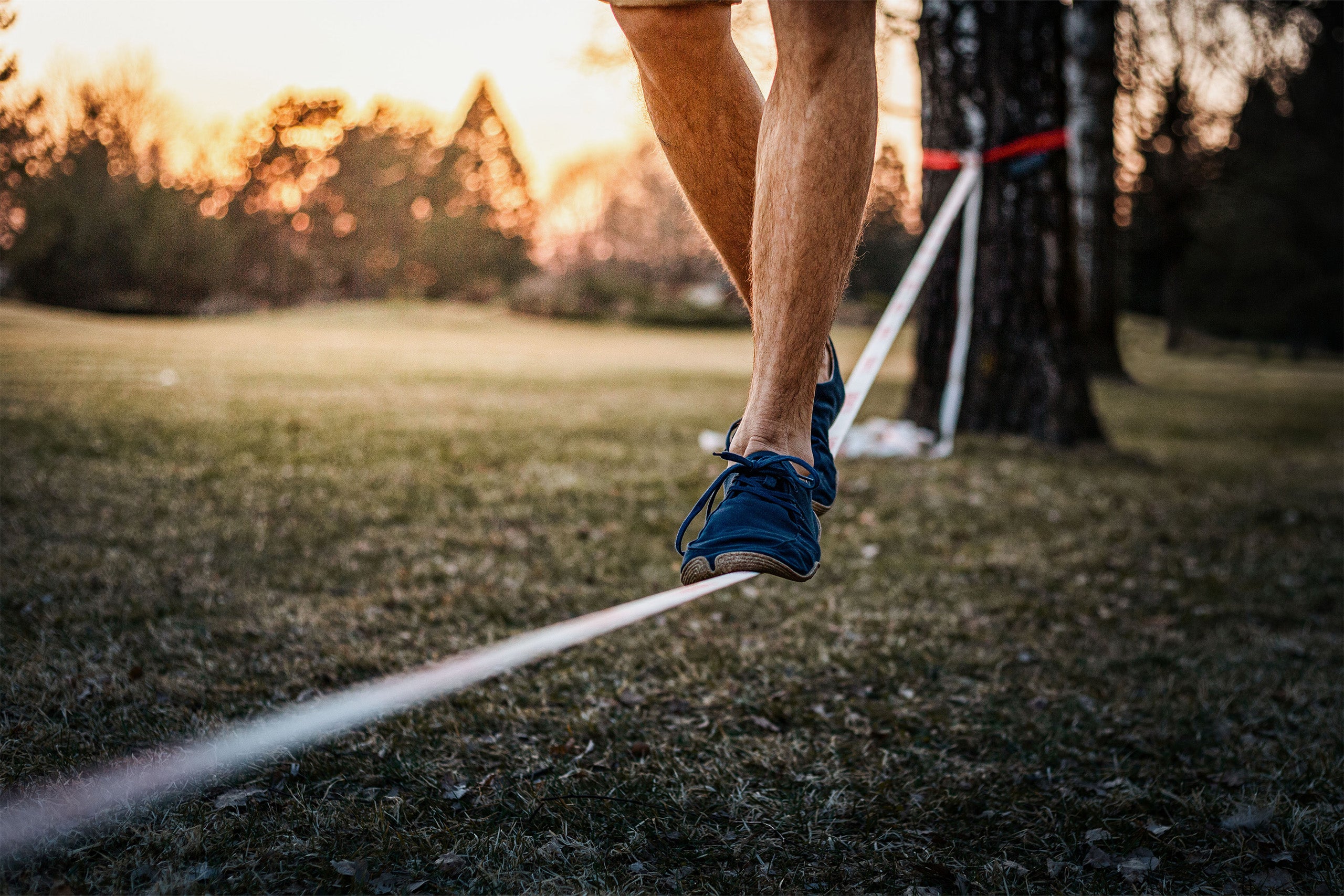 Two feet in Wildling Minimal Shoes balancing on a slackline. The legs are up to the knees in the picture. In the background meadow, bushes and sunset light.