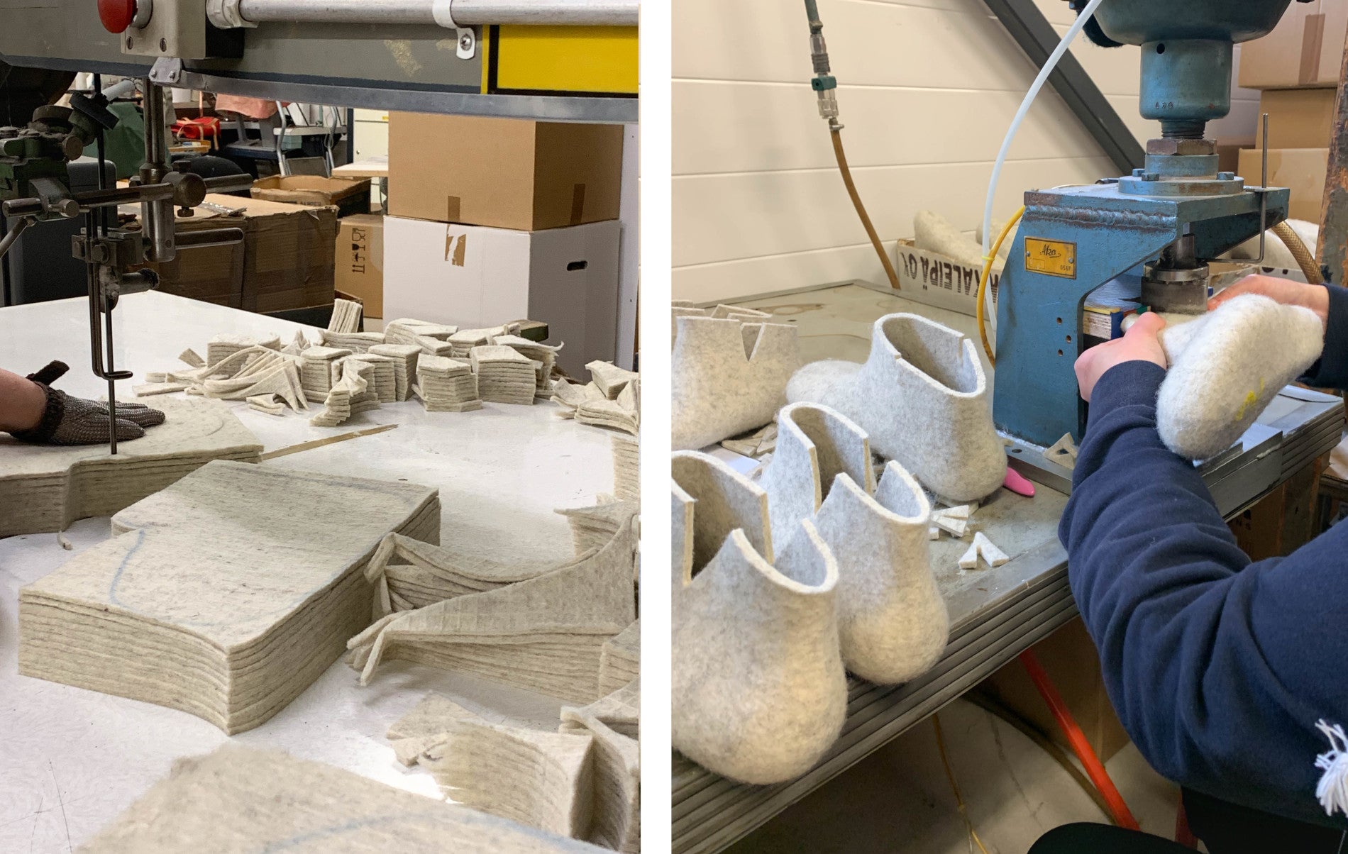 Two images side by side. In the first image: Light gray felt fabric being cut on a large, light-colored work surface with a small saw. In the second picture: several Wildling Shoes Lotus slipper uppers, still without soles, being finished by hand on a small machine.