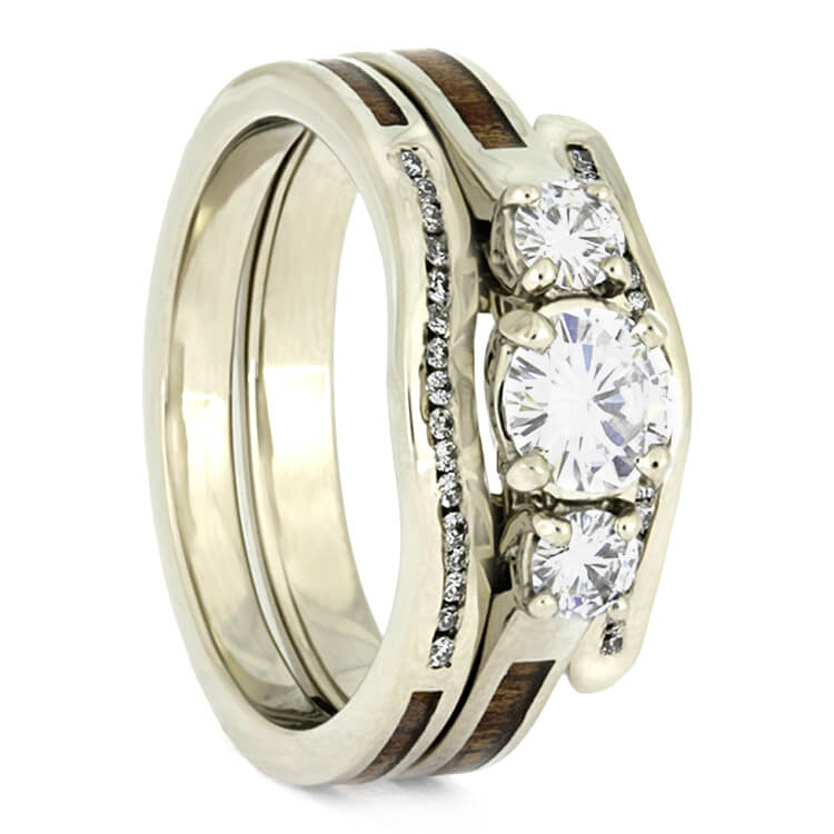 Koa Wood  Bridal Set Three Stone Engagement  Ring  White  