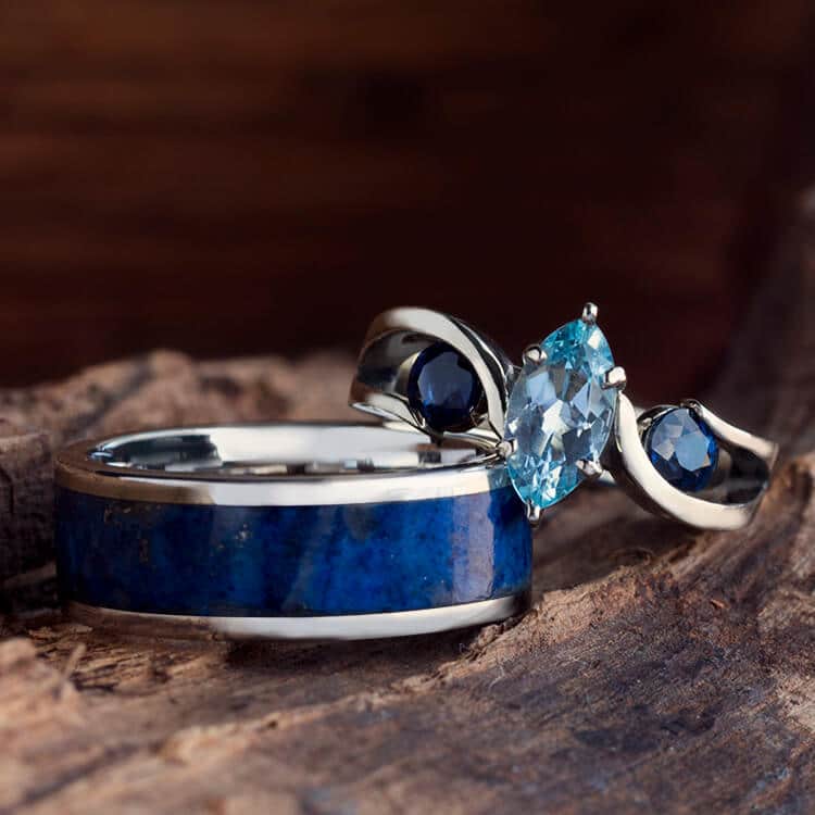 Blue Wedding Ring Set Aquamarine Engagement Ring With Men S Lapis