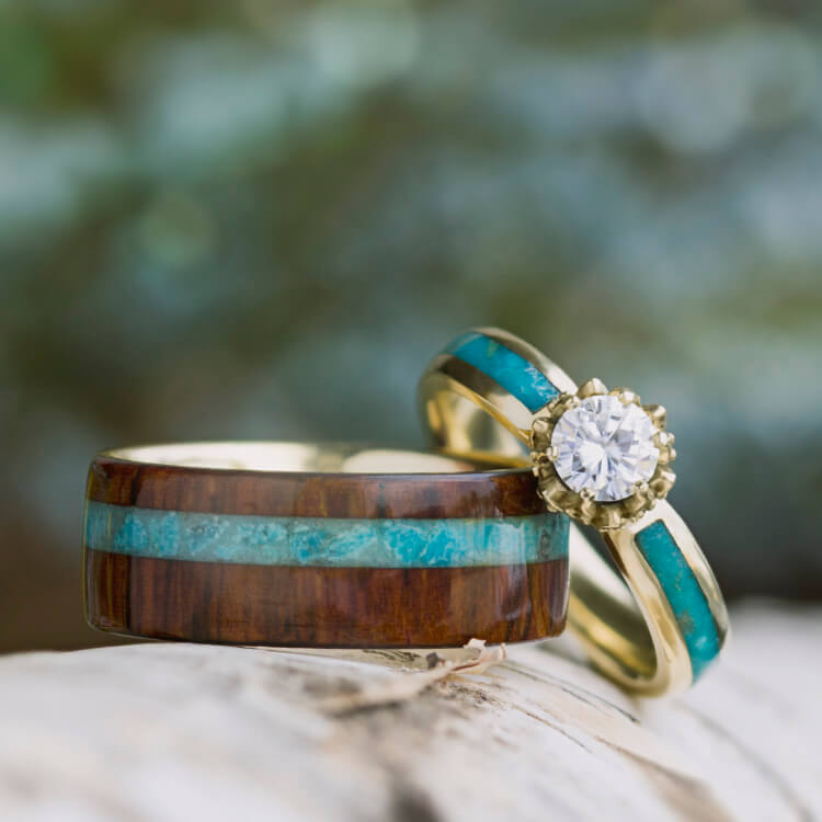 Turquoise Wedding Ring Set, Moissanite Ring With Wood Band ...