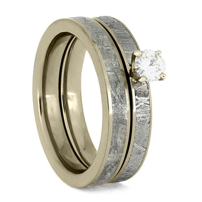 White Gold Bridal Set With Meteorite Inlays, Diamond Engagement Ring ...