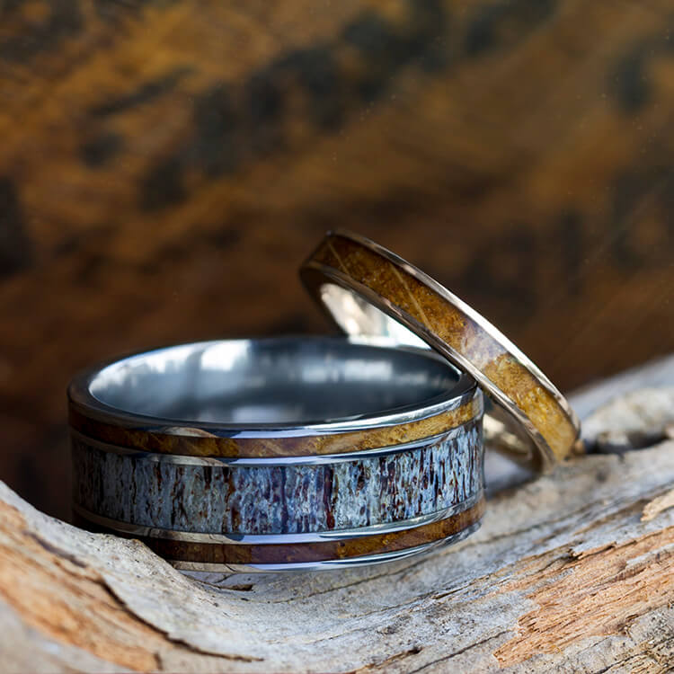 Whiskey Barrel Wood Ring Set, White Gold And Antler