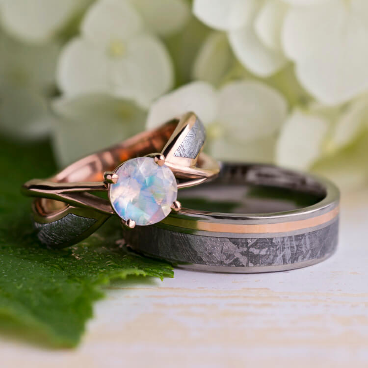 Couples Meteorite Wedding Bands- His Hers Wedding Ring Set- Promise Rings- Rose Gold Matching Wedding Rings- Romeo & Juliet