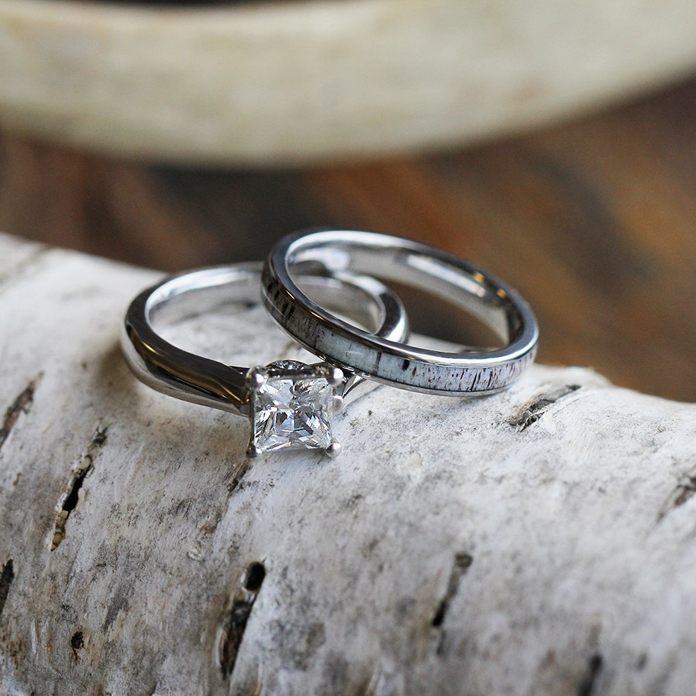 Deer Antler Bridal Set With Moissanite Engagement Ring And