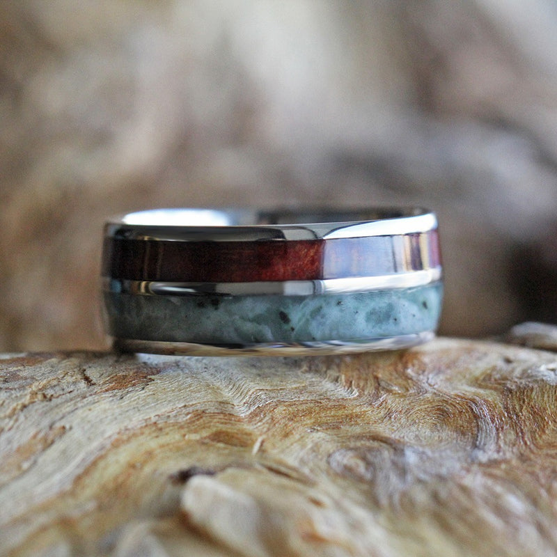 Jade Wedding Band With Natural Redwood, Titanium Ring - Jewelry by Johan