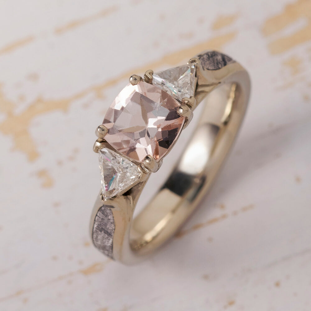 Rough Diamond Engagement Ring with Branch Style Band Inlaid with Meteorite