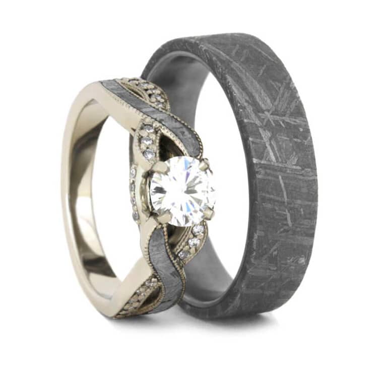 Meteorite Wedding Ring Set, Moissanite Engagement Ring And Band ...