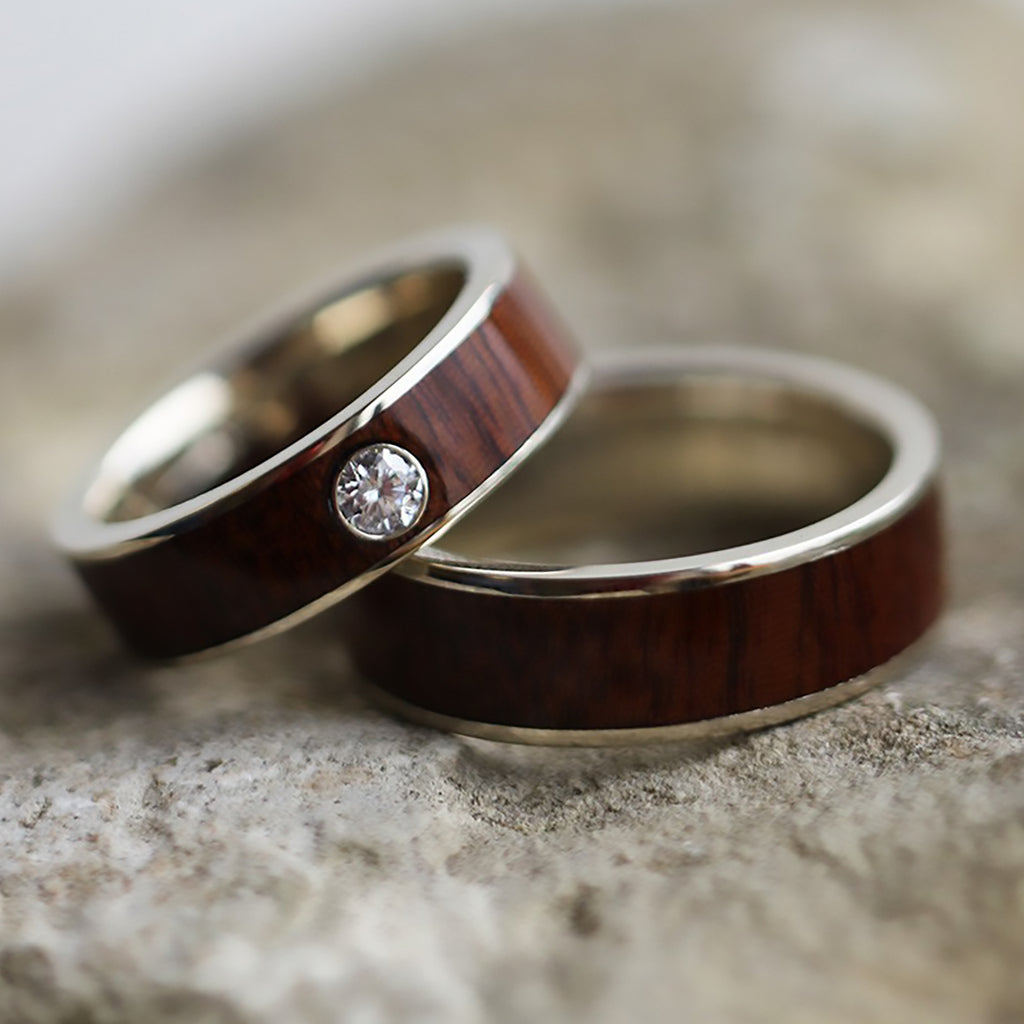 Wood Wedding Ring Set, White Gold and Titanium Rings