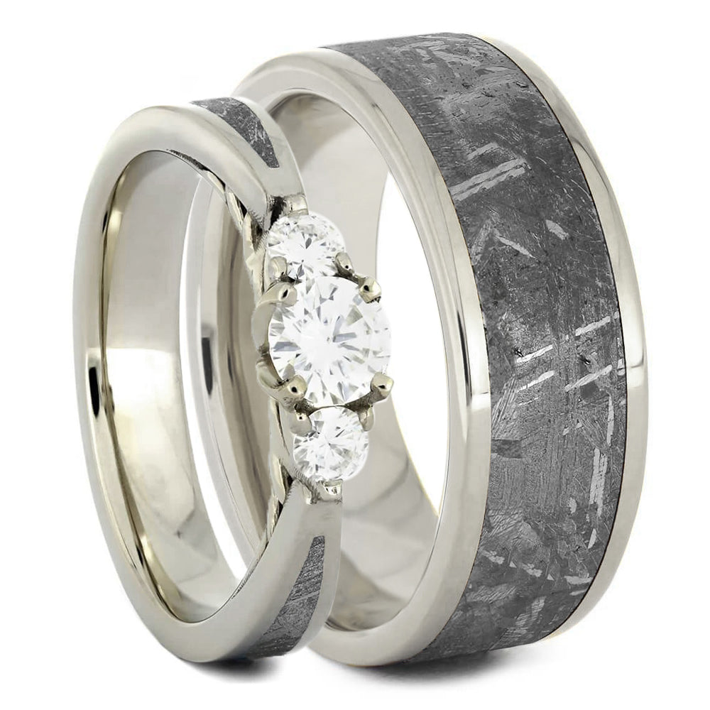 Meteorite Wedding Ring Set With Three Stone Engagement Ring | Jewelry ...
