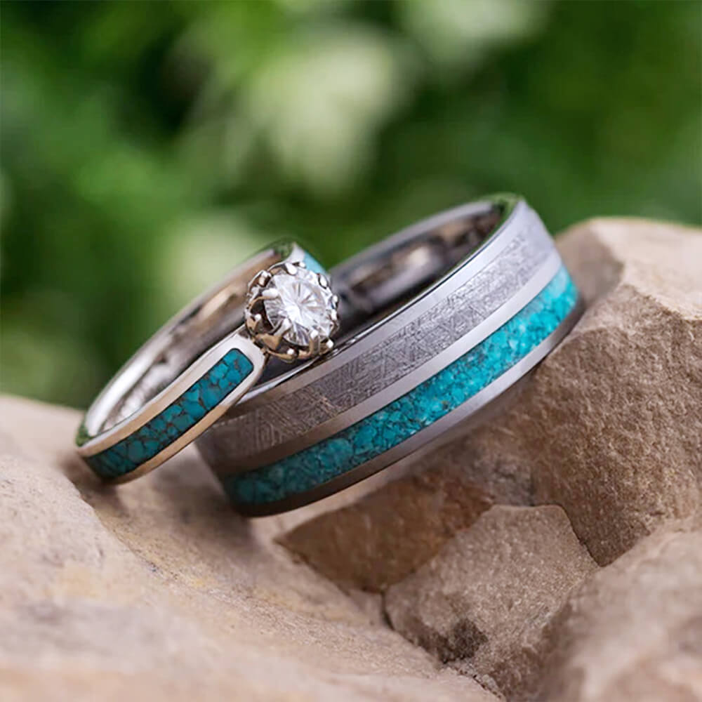 Turquoise Wedding Band Set With Moissanite In Titanium | Jewelry