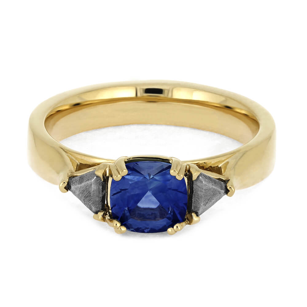 Three Stone Sapphire Engagement Ring with Meteorite Stones | Jewelry by ...