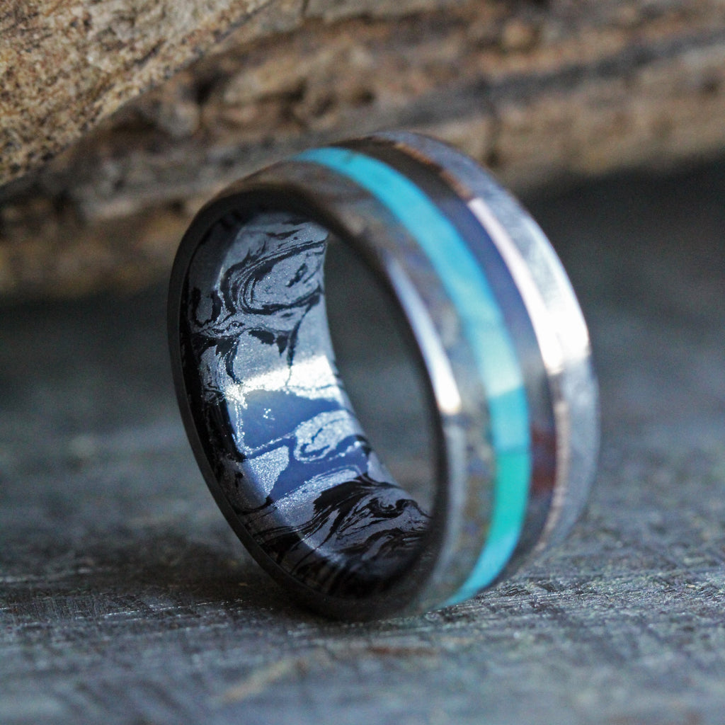 Unique Men's Ring with Meteorite, Dinosaur Bone, Turquoise & Petrified ...