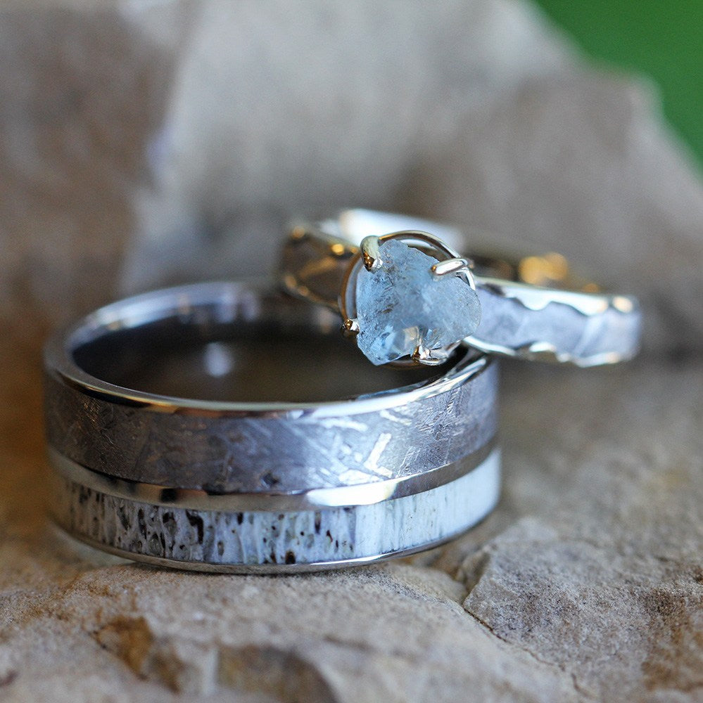 Unique Wedding Ring Set Meteorite Engagement Ring And Band Jewelry