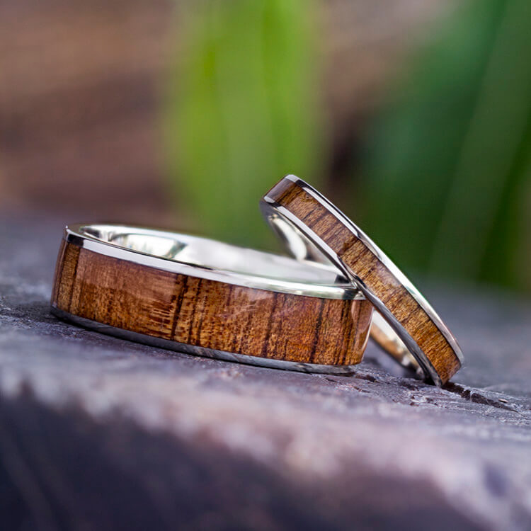 Wooden Wedding Ring Set, Koa Wood Rings, 14k White Gold