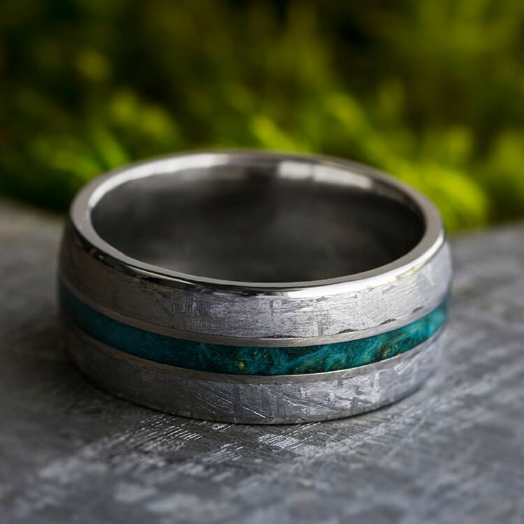 Wide Meteorite Men's Wedding Band With Blue Wood Center | Jewelry by Johan