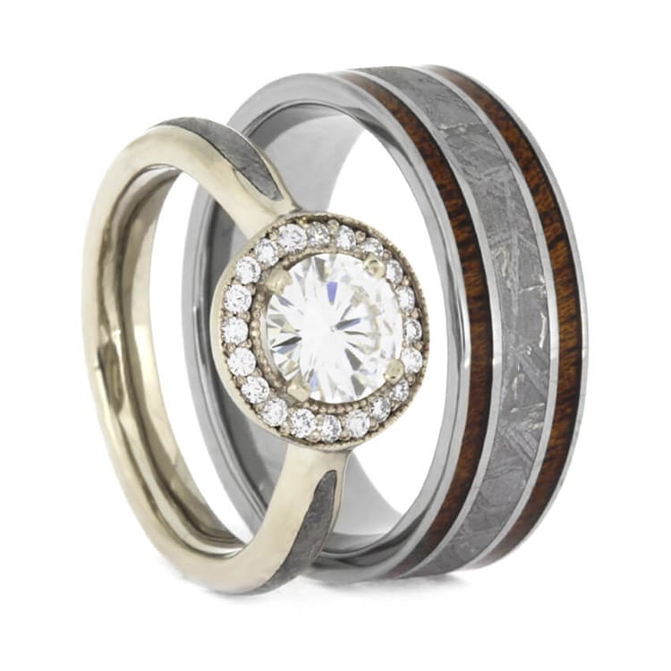 Gibeon Meteorite Wedding Ring Set, White Gold Halo Engagement Ring And ...
