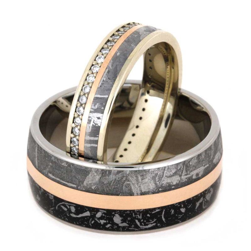 Meteorite Wedding Band Set with 14k Rose Gold Complement - Jewelry by Johan
