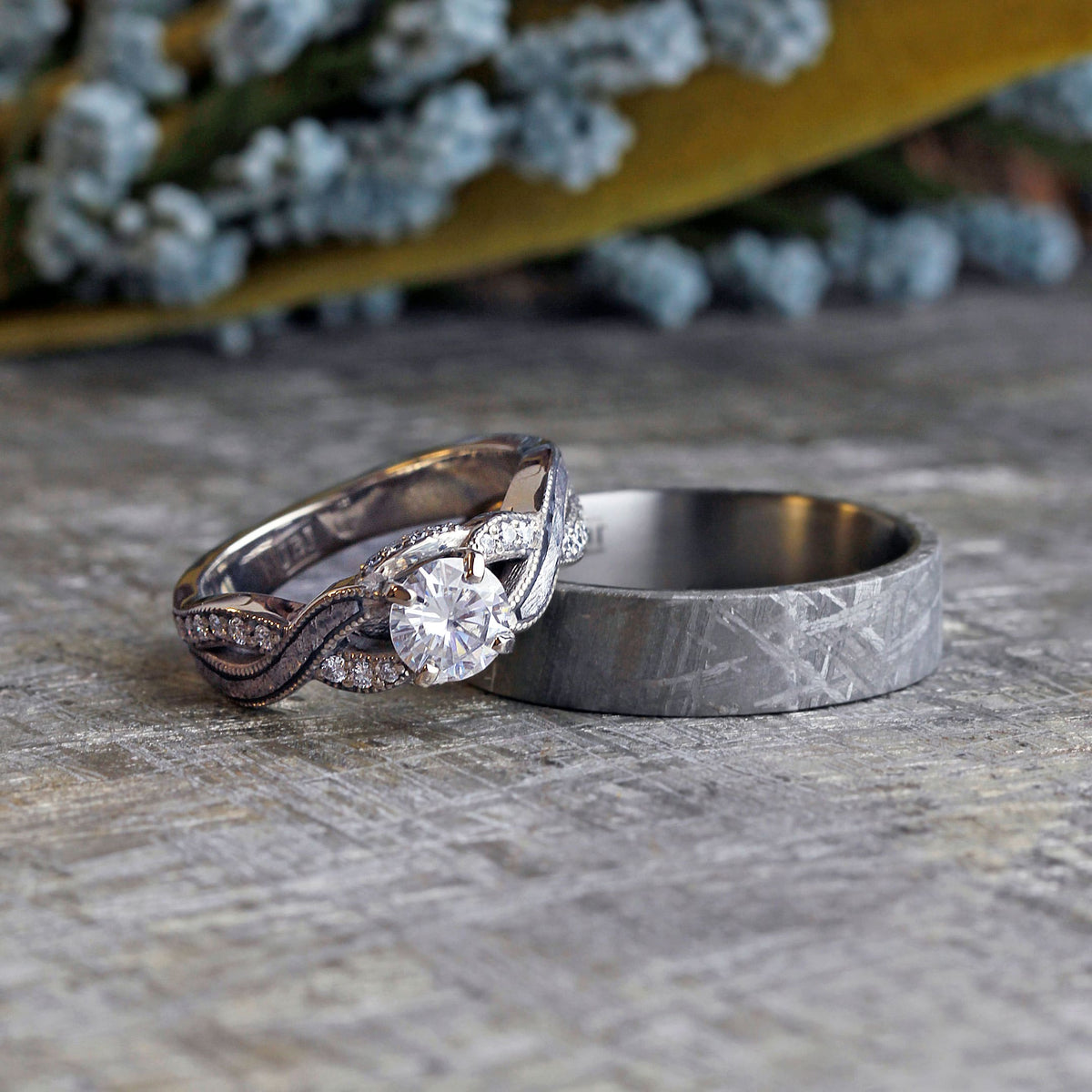 Meteorite Wedding Ring Set with Diamond Ring Jewelry by