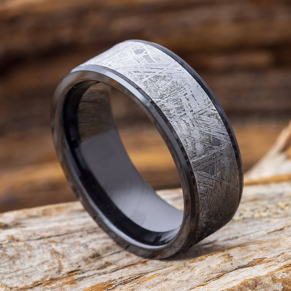 Black Ceramic Ring with Meteorite Inlay Jewelry by Johan