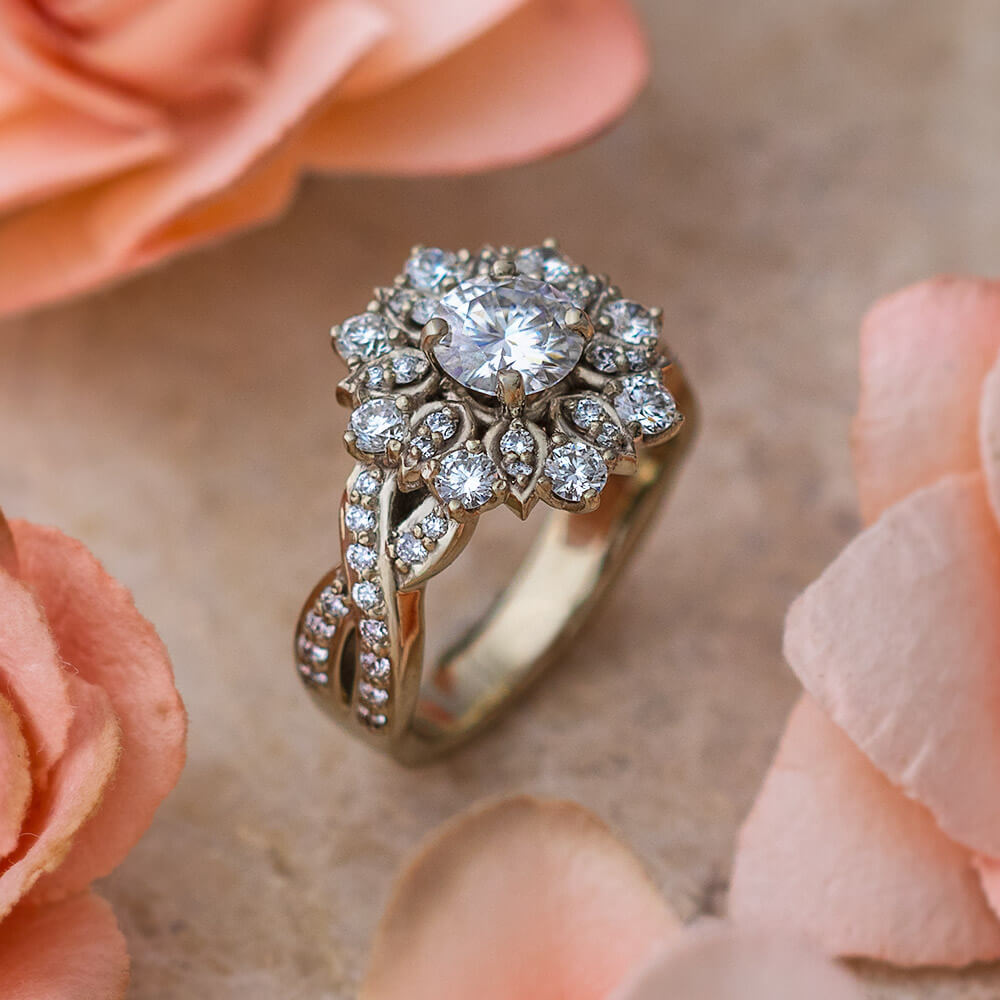 Flower Halo Engagement Ring In White Gold Jewelry By Johan