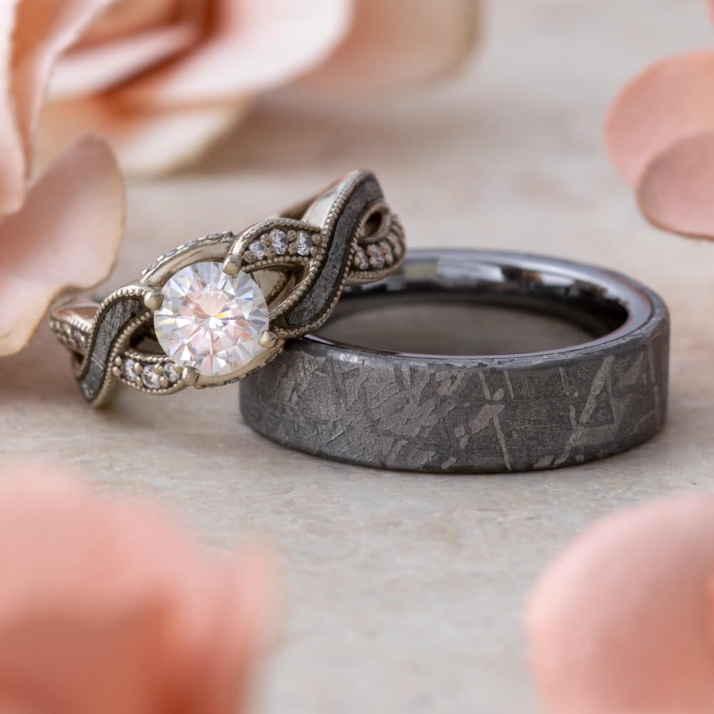 Meteorite Wedding  Ring  Set Moissanite Engagement Ring  And 
