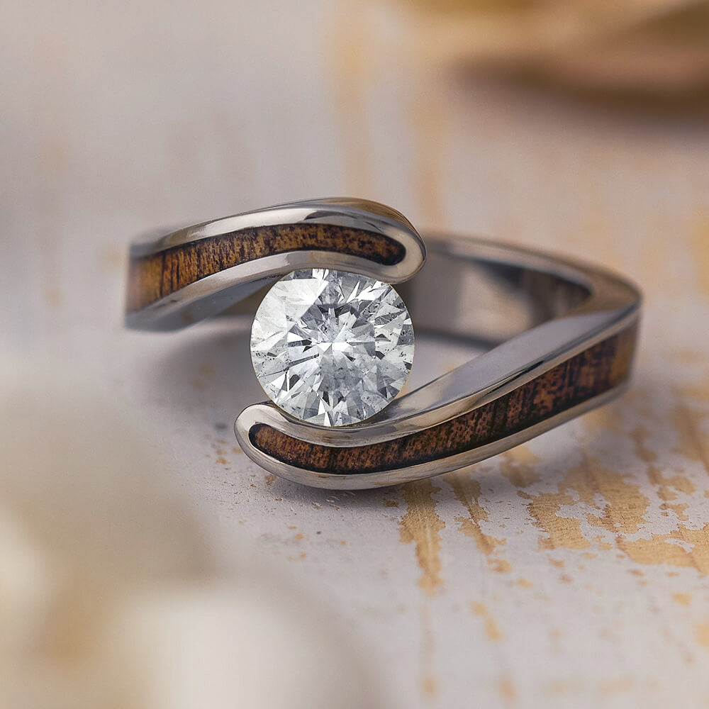 Wood Engagement Ring Tension Set Stone & Koa Wood | Jewelry by Johan