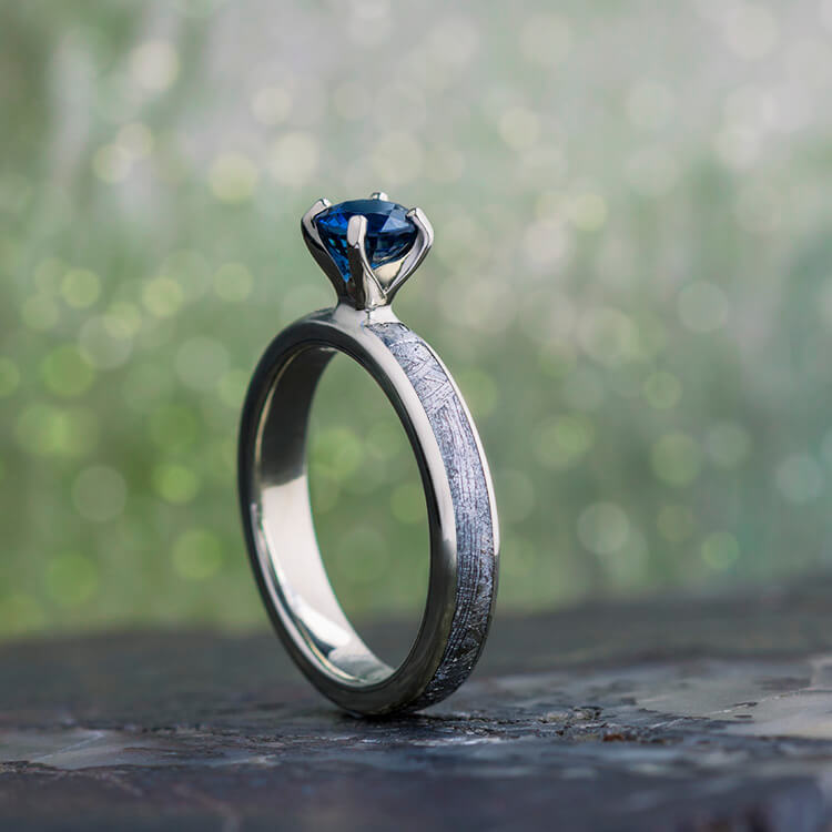 Solitaire Blue Sapphire Engagement Ring With Meteorite ...