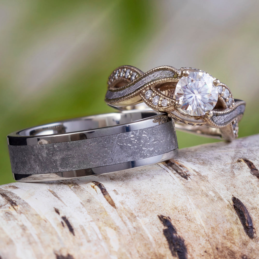 Meteorite Wedding Rings, Moissanite Engagement Ring And