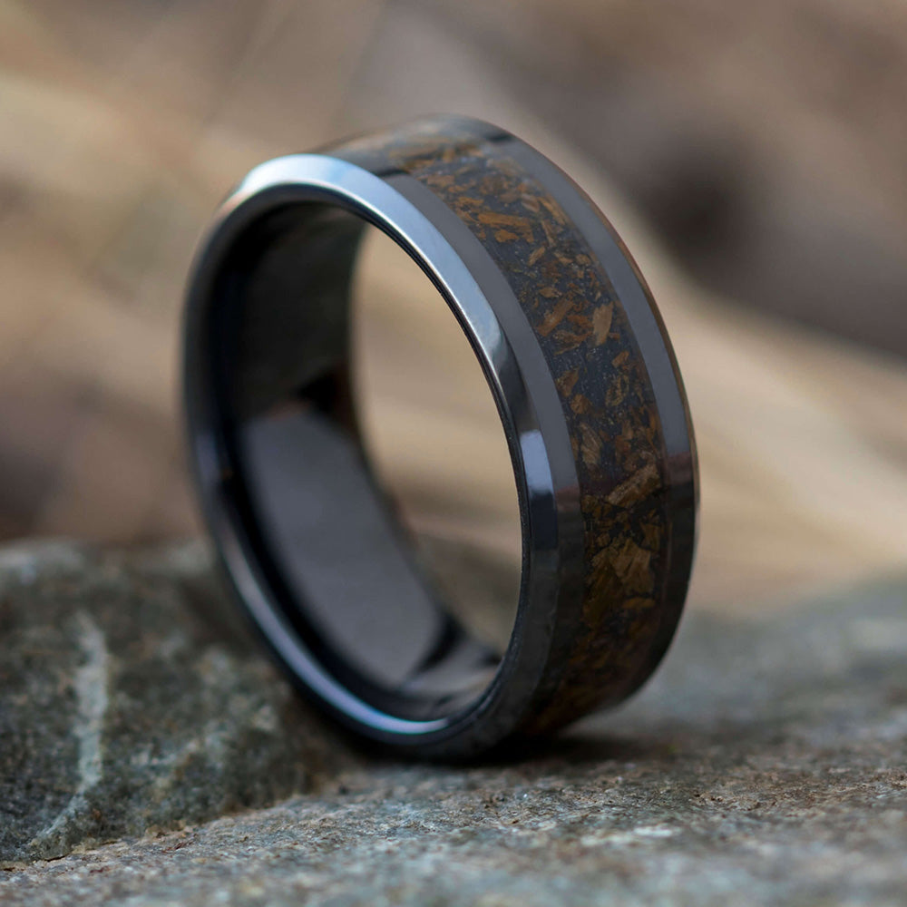 Dinosaur Fossil Black Ceramic Men's Wedding Band, In Stock