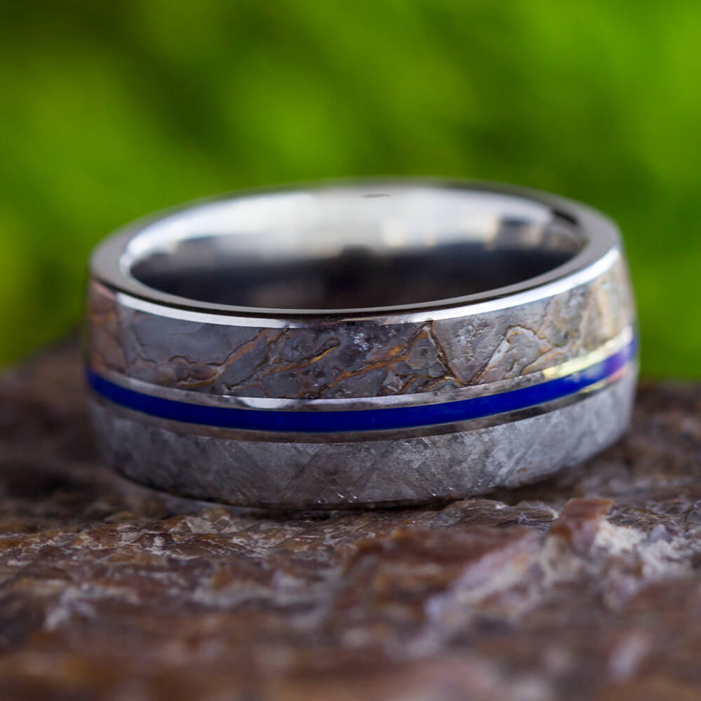 Meteorite And Dinosaur Bone Men's Wedding Band With Blue