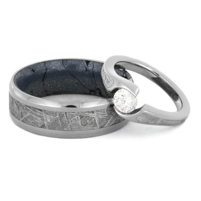 Diamond Meteorite Wedding Ring Set, Engagement Ring With Wedding Band ...