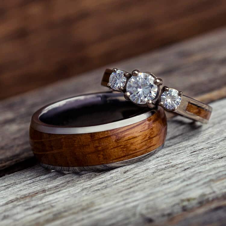  Wood  Wedding  Ring  Set White  Gold  And Titanium Rings  3781 