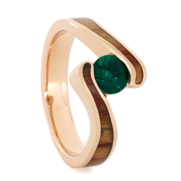 Wood Engagement Ring In Rose Gold Tension Set Emerald Jewelry By Johan