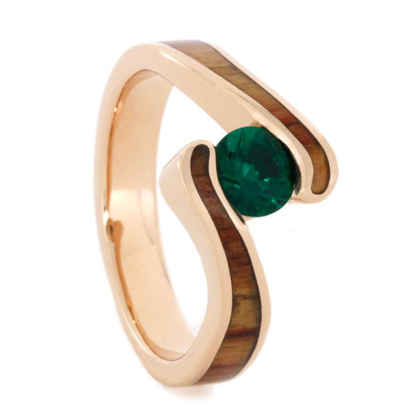 Wood Engagement Ring in Rose Gold, Tension Set Emerald - Jewelry by Johan