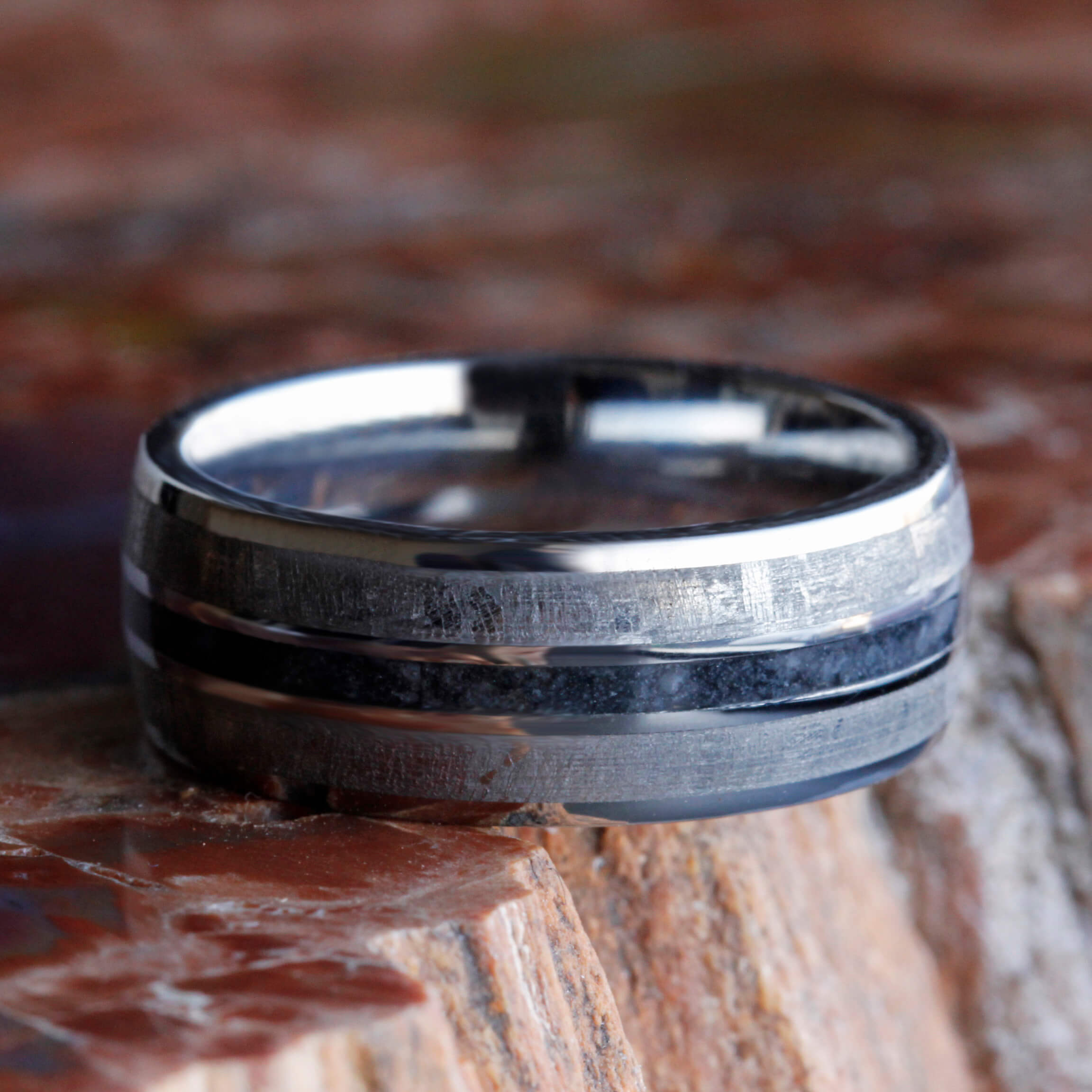 Meteorite Wedding Band With Crushed Onyx | Jewelry by Johan