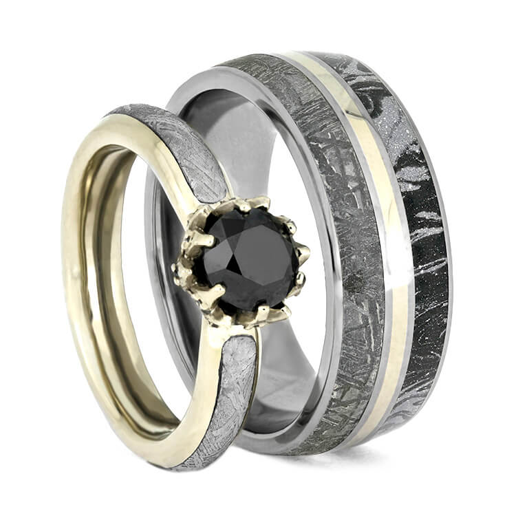Black Diamond Ring Set White Gold Wedding Rings With Meteorite 3659