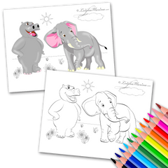 Hippo and an Elephant Coloring Page