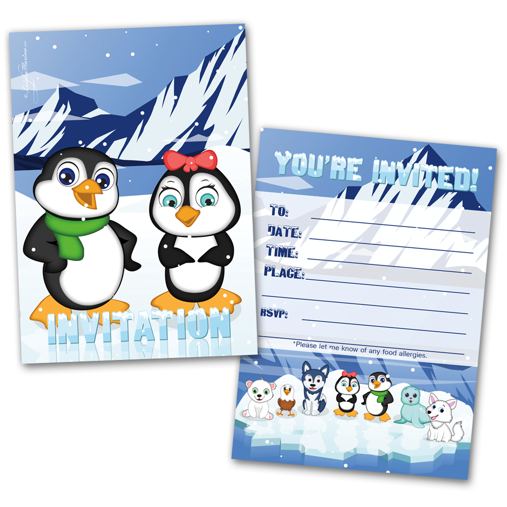 20-kids-party-invitation-cards-penguin-themed-and-20-envelopes-leigha
