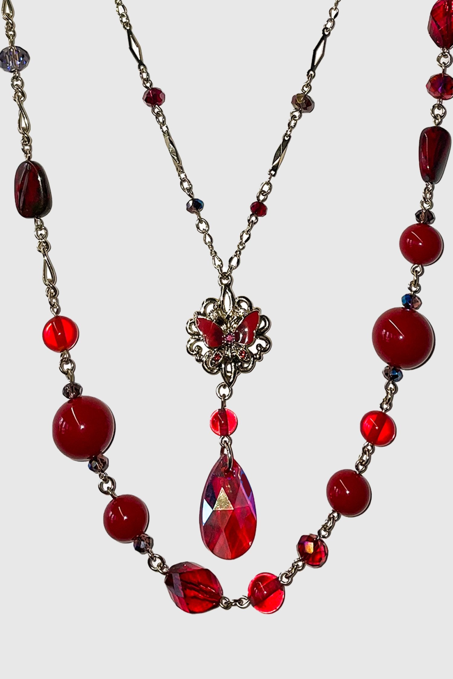 Red Beaded Necklace with Butterfly