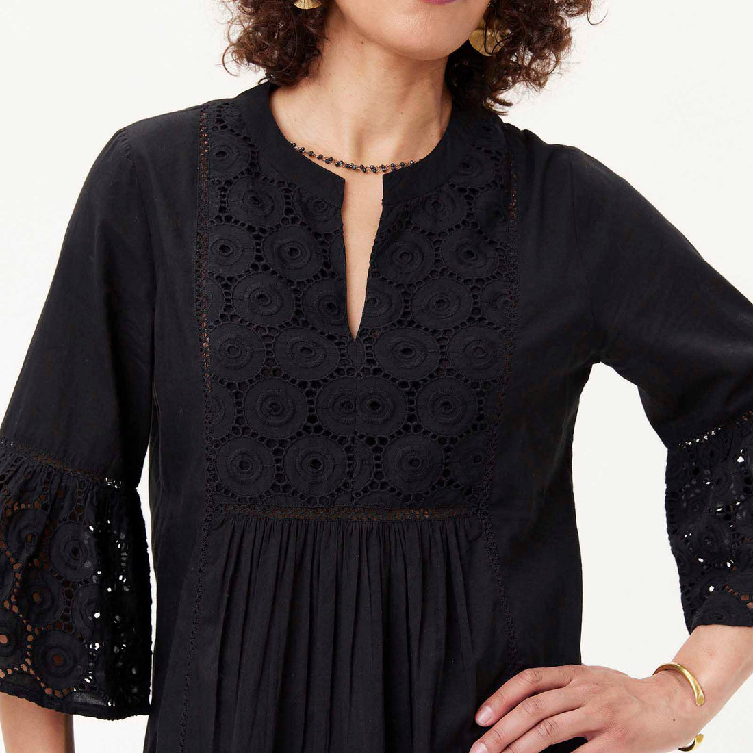 Black Banded Collar Embroidered Tunic – rockflowerpaper LLC