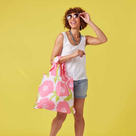 Poppies Pink blu Bag Reusable Shopping Bag-Machine washable