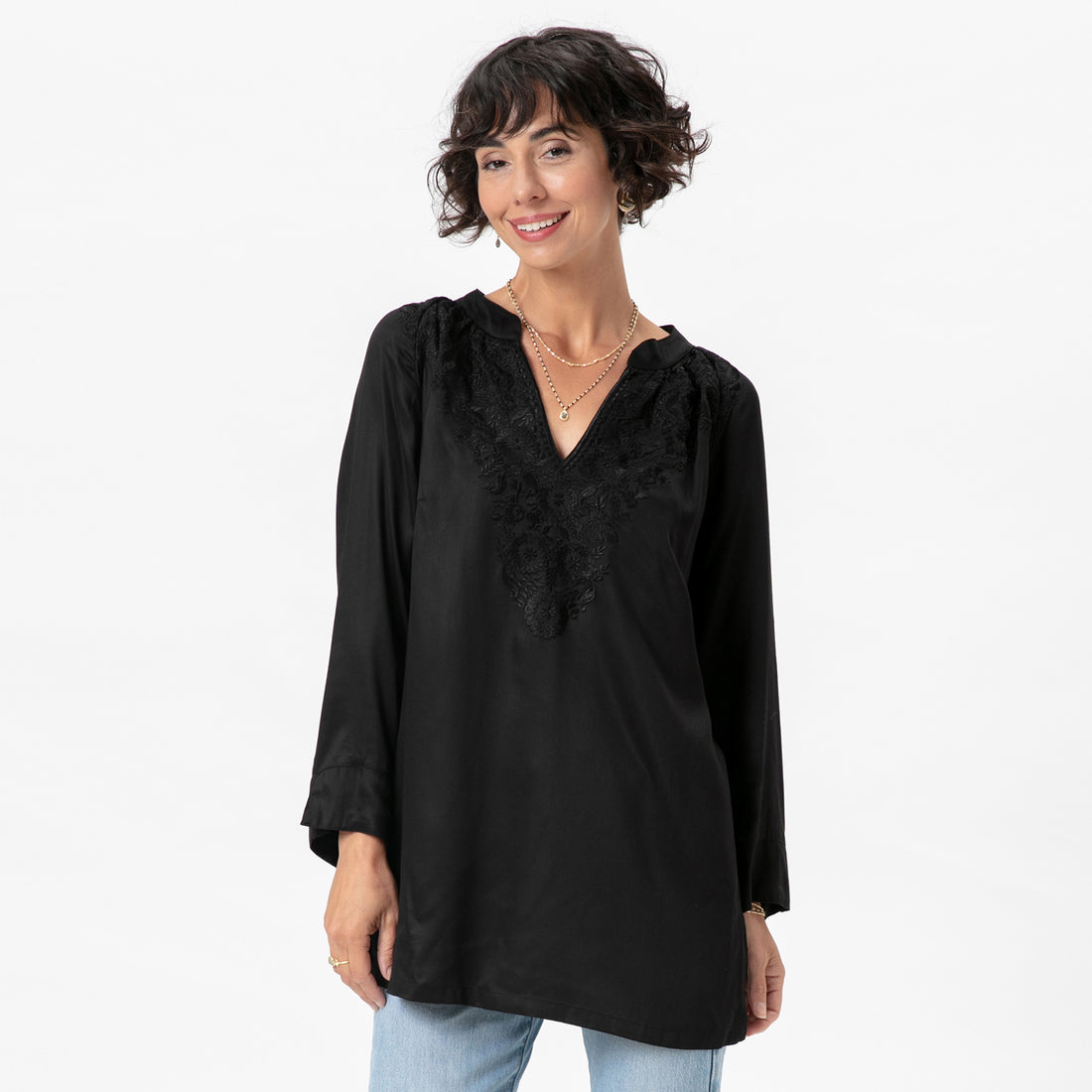 Black Banded Collar Embroidered Tunic LLC – rockflowerpaper