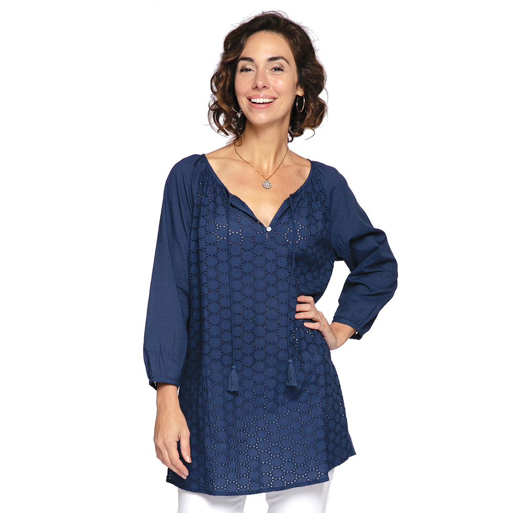 Solid Navy Eyelet Peasant Top 