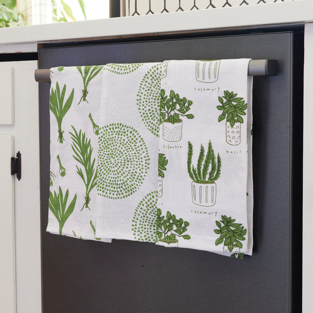 Eco Friendly Kitchen Dish Cloths in Green Herbs Pattern