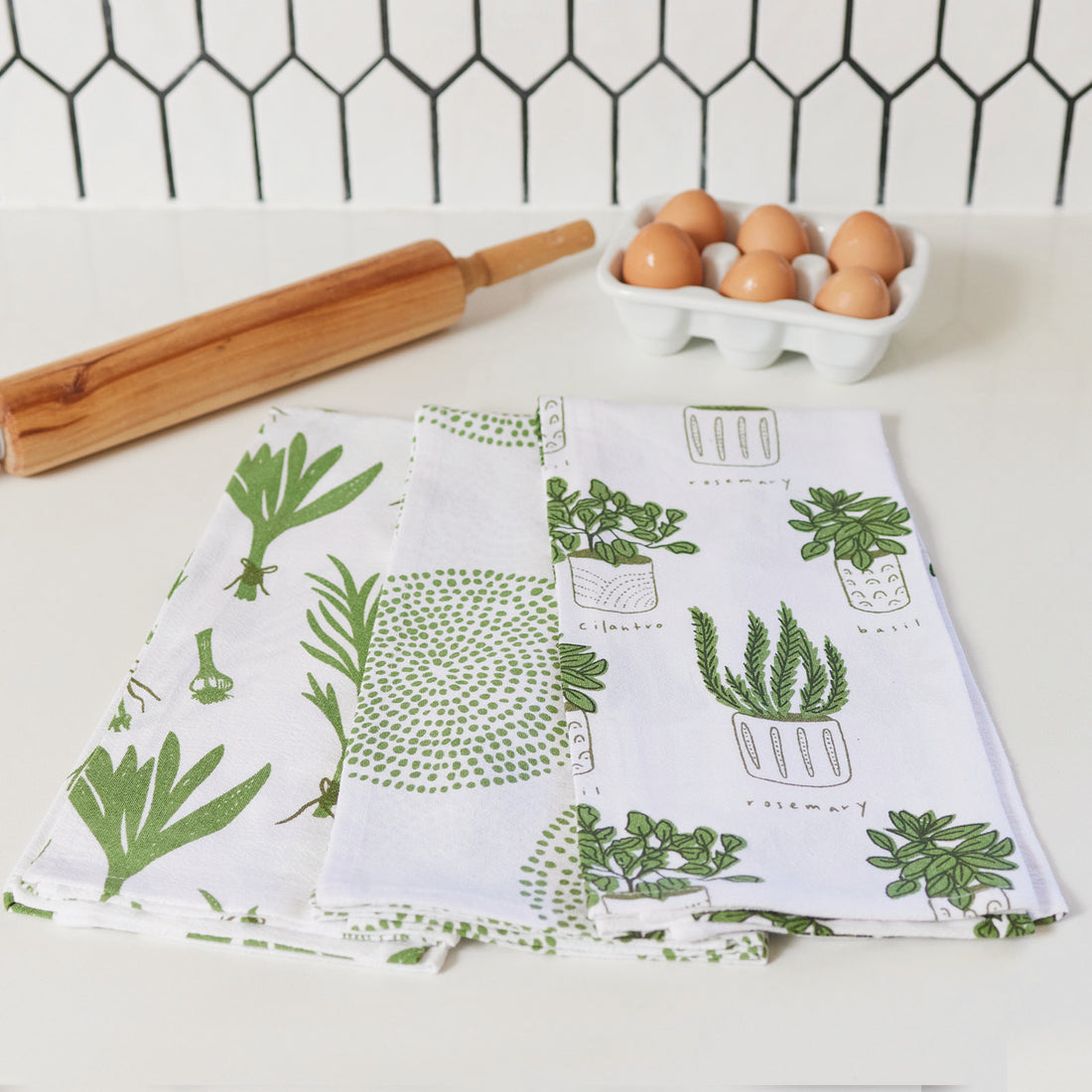 Eco Friendly Kitchen Dish Cloths in Green Herbs Pattern
